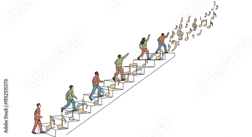 People climbing stairs with musical notes flying up, symbolizing music education and success