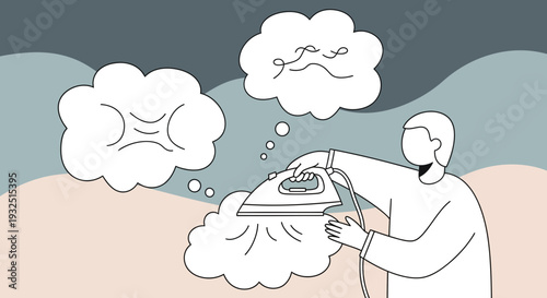 Person ironing, with thought bubbles showing stress and frustration