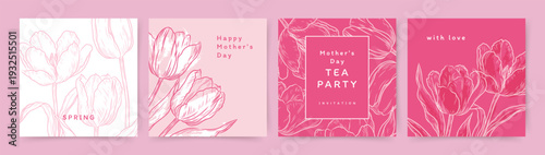 Spring holiday card set with bouquet of tulips. Vector templates for Women's Day March 8, birthday, Mother's Day, social media post, wedding invitation, greeting card, packaging