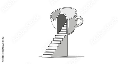 Surreal Coffee Cup Doorway with Stairs, Abstract Concept