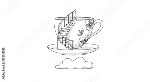 Whimsical Teacup Staircase Floating Among Clouds