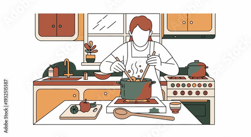 Woman cooking healthy food in a modern kitchen, illustration style