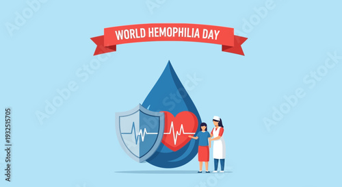 World Hemophilia Day Awareness: Medical Care, Blood Drop, Heart, Shield