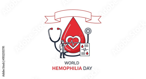 World Hemophilia Day Concept: Blood Drop with Heart, Stethoscope, Doctor, ECG