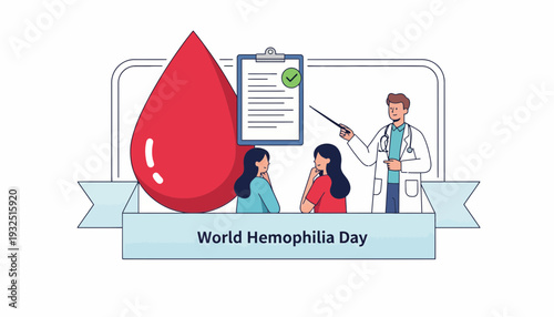 World Hemophilia Day: Doctor Explains Diagnosis to Patients Near Blood Drop Icon