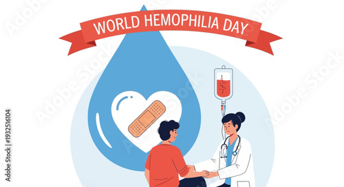 World Hemophilia Day Illustration: Doctor, Patient, Blood Drop, Infusion