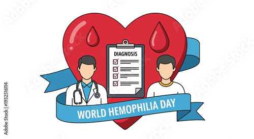 World Hemophilia Day Illustration: Doctor, Patient, Heart, Blood Drops, Diagnosis