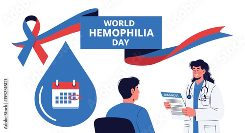 World Hemophilia Day Illustration: Doctor Consults Patient, Blood Drop Symbol