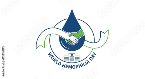 World Hemophilia Day logo: blood drop, handshake and hospital icon