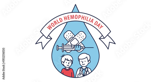 World Hemophilia Day Illustration: Doctor, Patient, Syringe, Bandage, Blood Drop