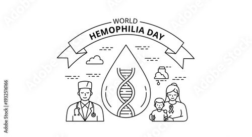 World Hemophilia Day Vector Illustration: DNA, Blood Drop, Doctor, Family, Awareness Ribbon