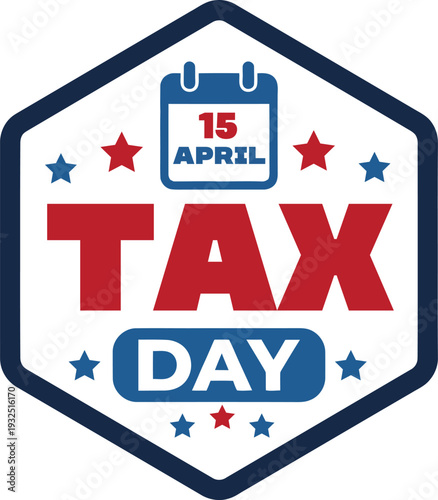 A patriotic tax day emblem featuring stars a calendar and bold text