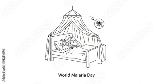 World Malaria Day - Couple sleeping under mosquito net, mosquito symbol