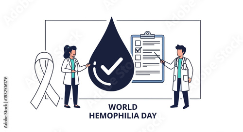 World Hemophilia Day, Doctors Checking Medical Report, Blood Drop Icon, Awareness Ribbon