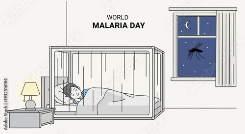World Malaria Day - Person sleeping in a mosquito net bed, mosquito outside