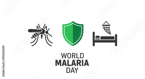 World Malaria Day icons: mosquito, shield, bed with net, health awareness