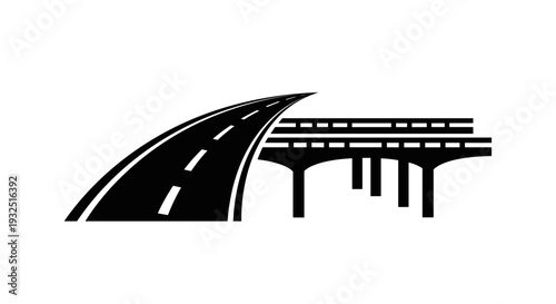 Dynamic black and white illustration of a curving road and an elevated highway structure.