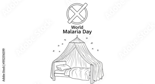 World Malaria Day illustration: Bed with mosquito net and flying insects