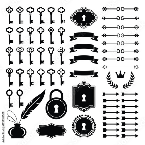 Collection of vintage keys lock and decorative antique key