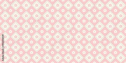 Spring preppy lace seamless pattern with daisy. Trendy floral background. Pink tablecloth texture. Diagonal cross line. Cute print for fabric and textile. Vector illustration