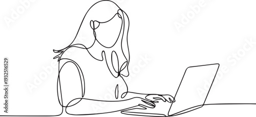 Minimal Line Art Woman Working on Laptop at Desk