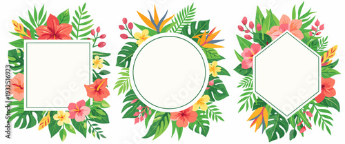 Three tropical floral frames with blank square, circle and hexagon panels, lush green leaves and coral blooms. Perfect for summer wedding invitations, greeting cards, logos and labels.