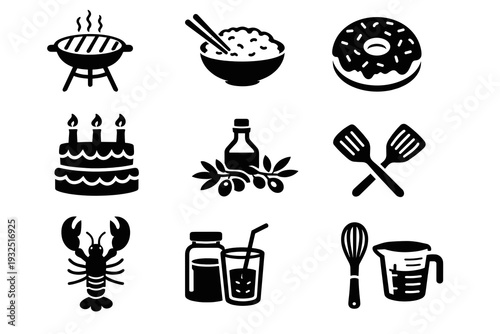 Black food and cooking icon set featuring barbecue grill, rice bowl, donut, cake, olive oil, lobster, jars, utensils, whisk and measuring cup. Clean silhouettes for menu and UI design.