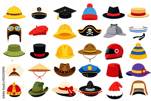 Big set of 30 different hats: graduation cap, captain, fedora, hard hat, pirate, police, santa, turban and more. Flat vector clipart for avatars, fashion, and character creation.