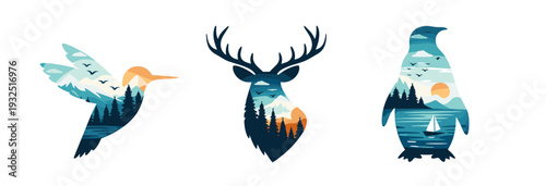 Set of double exposure silhouettes: flying hummingbird, stag head and penguin filled with mountains, pine forest, calm lake, sunset sky, birds and sailboat, teal and orange vector.