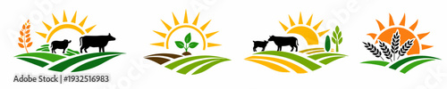 Minimal farm icon set with sunrise above rolling fields, wheat stalks, seedlings and grazing cows. Clean eco logo for organic food, regenerative farming, and green branding.