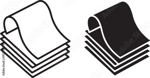 Set of stacked paper sheets icons showing folded corner and solid fill style representing document layers or fabric materials for office supply and textile