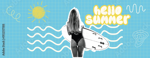 Retro vintage pop art comic style halftone collage summer holiday vacation, Travel and tropical banner for social media cover header Surfer girl with surfboard, ocean waves illustration background