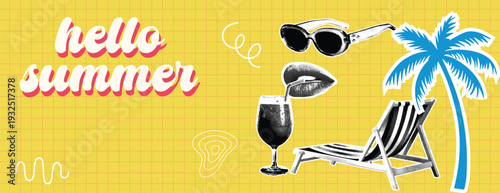 Retro vintage pop art comic style halftone collage summer holiday vacation, Travel and tropical banner for social media cover, header with chair sunglass and cocktail drink with palm tree illustration