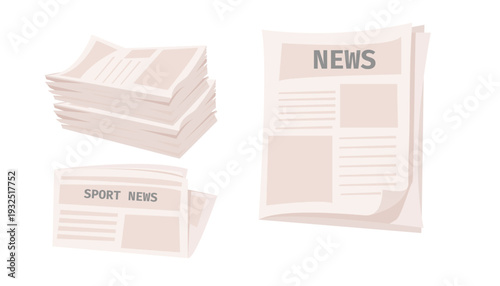 Newspaper pile, stack of magazines. News representing newspapers folded, news publications. Headline banner on the front page represents journalism, news, and print media.