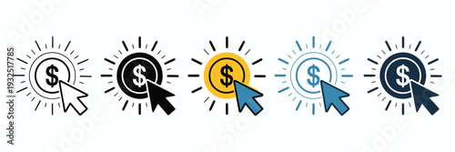Pay per click icon element for design featuring online advertising concept, digital marketing symbol, cursor and dollar sign elements