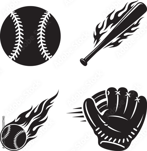 Baseball Equipment Silhouettes with Flaming