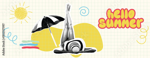 Retro vintage pop art comic summer holiday vacation, Travel and summer sale banner for social media cover, Artistic collage of woman relaxing under beach umbrella with hand drawn sun, doodle elements