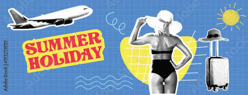 Retro vintage pop art comic style halftone collage summer holiday Travel and summer sale banner for social media cover header with an airplane, woman in a swimsuit and luggage hat on grid background