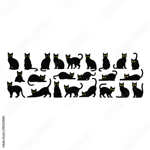 Collection of black cat silhouettes with yellow eyes