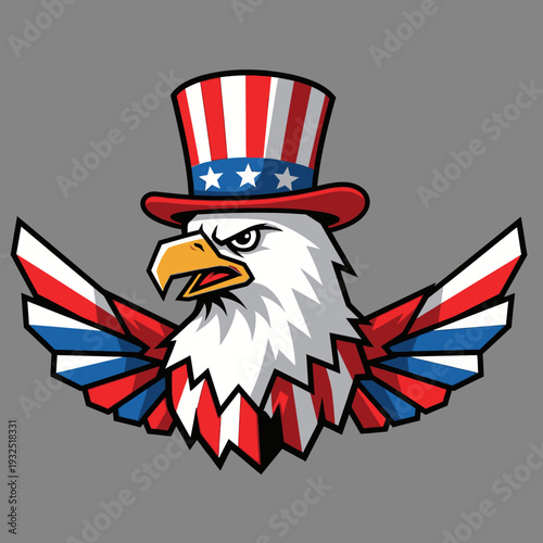 Patriotic Eagle Wearing Uncle Sam Hat with American Flag Wings