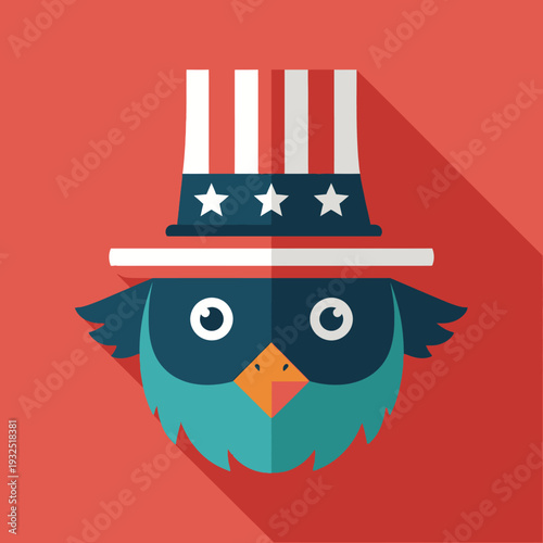 Patriotic Owl Wearing Uncle Sam Hat, Flat Design, Independence Day