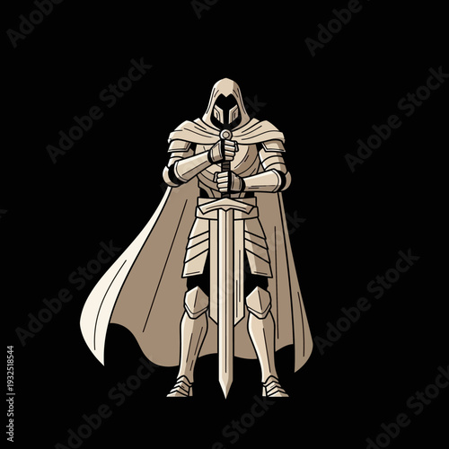 Mysterious Knight Warrior in Full Plate Armor with Sword, Hooded Figure, Fantasy Art