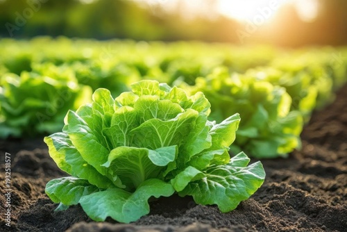 Rows of fresh green lettuce heads growing in dark fertile soil bathed in warm golden sunlight, a peaceful and vibrant vegetable field at sunrise