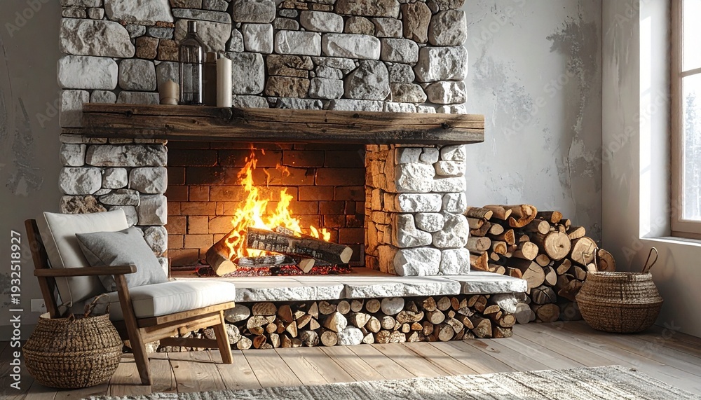Obraz premium Cozy fireplace with crackling fire in a rustic stone hearth for winter ambiance and relaxing atmosphere.