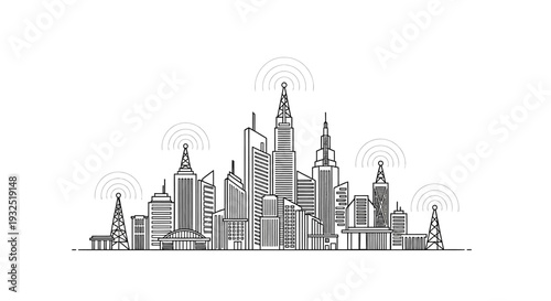City skyline with tall buildings.
