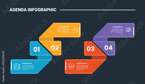 Agenda or schedule infographic process diagram with flipped ribbon arrow with opposite position with dark background bright outline style 4 points