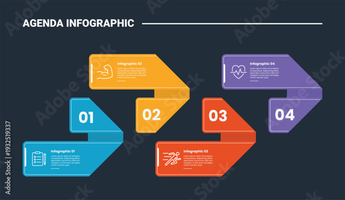 Agenda or schedule infographic process diagram with ribbon flipped arrow shape stacked on horizontal right direction with dark background bright outline style 4 points