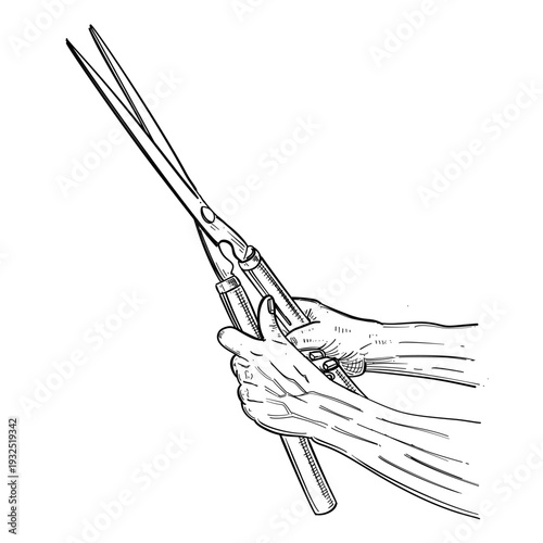hands holding garden shears pruning vector line art hand drawn illustration