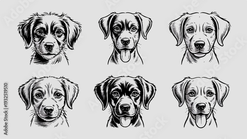 Six adorable dog faces with different expressions on a gray background black and white illustration