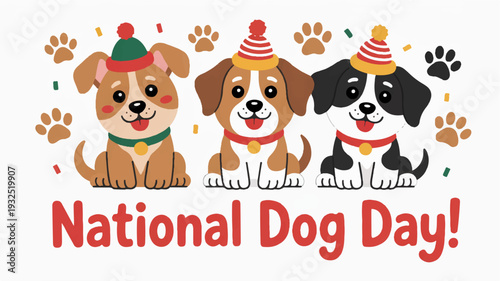 Three adorable dogs wearing party hats on national dog day with paw prints around them